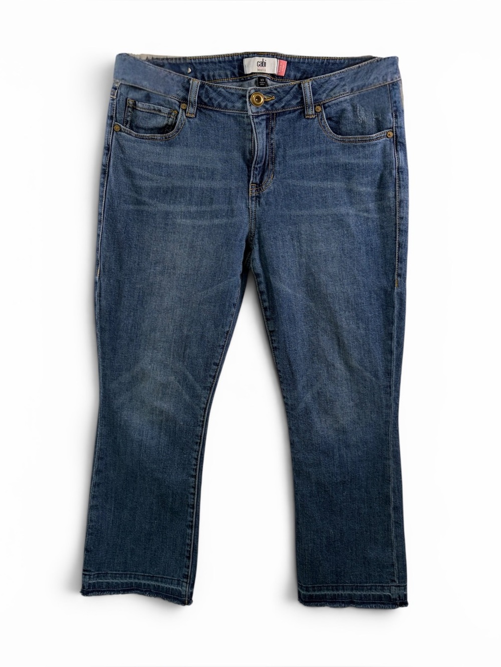 CABi Kick It Crop Mid-Rise Raw Hem Medium Wash Denim Straight Leg Jeans, Size 10